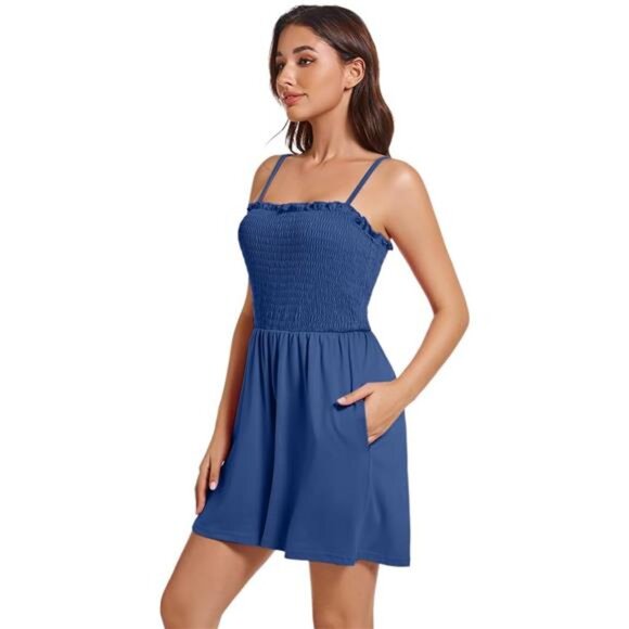 Women Casual Square Neck Rompers Jumpsuit Navy Blue - Picture 4 of 6